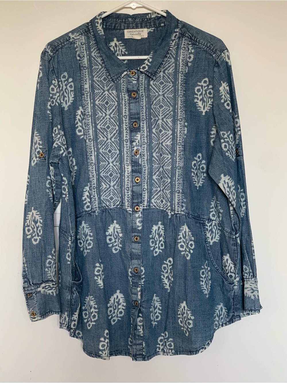 Orientique Cotton chambray button down long sleeve top tunic Size XL pockets